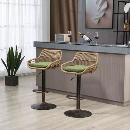 Tabourets de bar modernes pivotants Okak hauteur comptoir, lot de 2, tabourets de bar en rotin réglables avec coussin et repose-pieds, tabourets de comptoir pour la cuisine