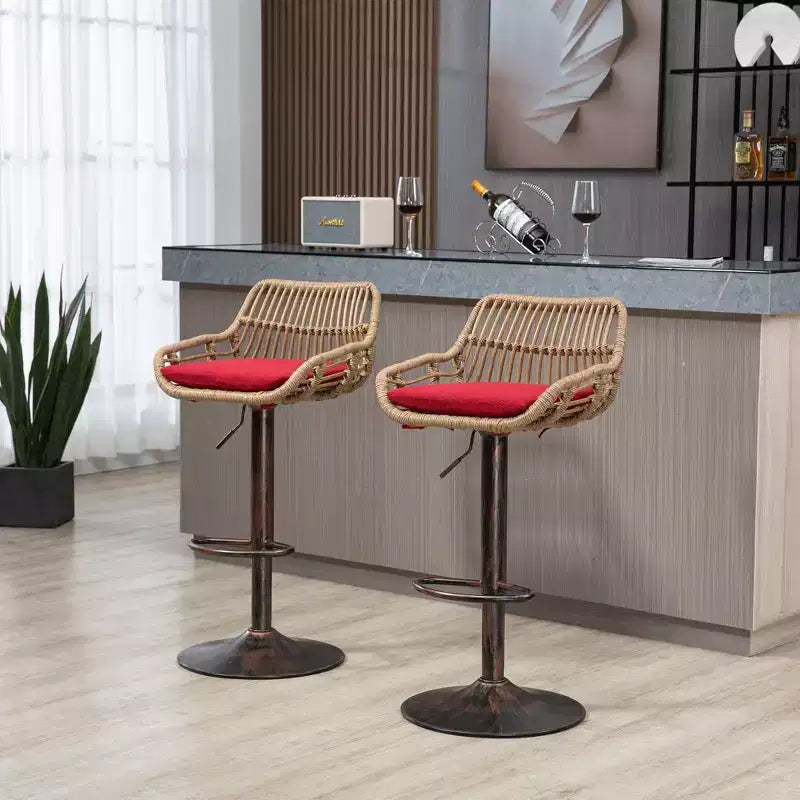 Tabourets de bar modernes pivotants Okak hauteur comptoir, lot de 2, tabourets de bar en rotin réglables avec coussin et repose-pieds, tabourets de comptoir pour la cuisine