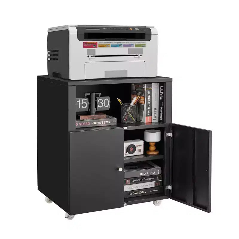 Meuble d'imprimante métallique avec rangement, support d'imprimante 3D robuste sur roulettes avec 2 portes, meuble de classement sous bureau pour coin de bureau et petits espaces