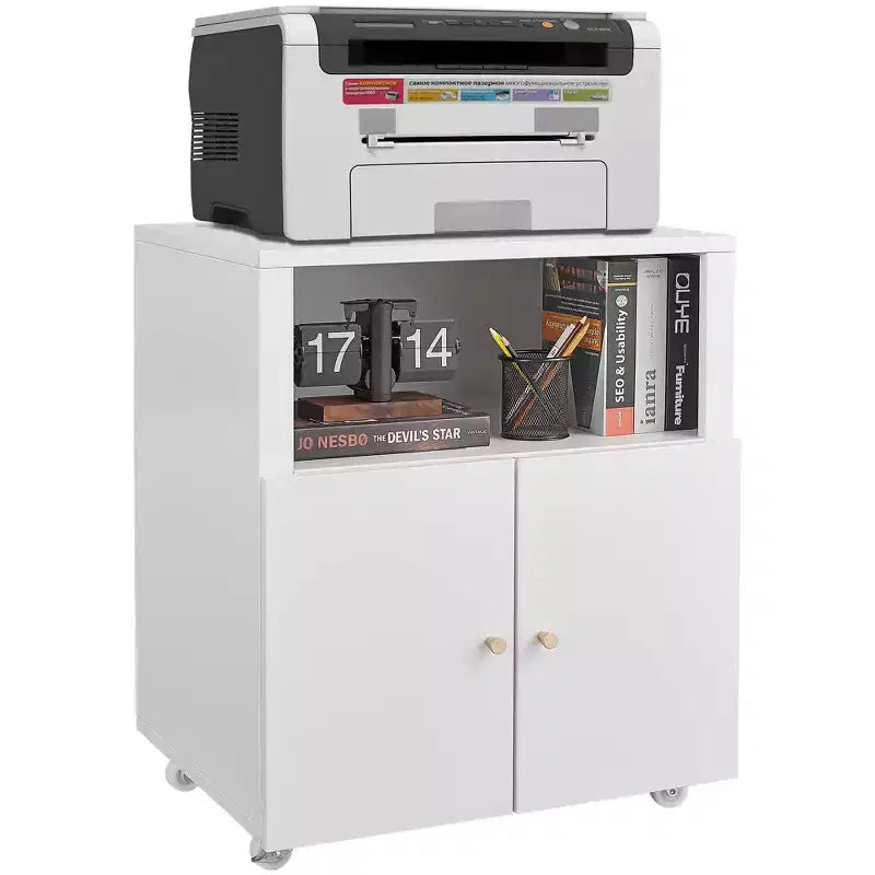 Meuble d'imprimante métallique avec rangement, support d'imprimante 3D robuste sur roulettes avec 2 portes, meuble de classement sous bureau pour coin de bureau et petits espaces