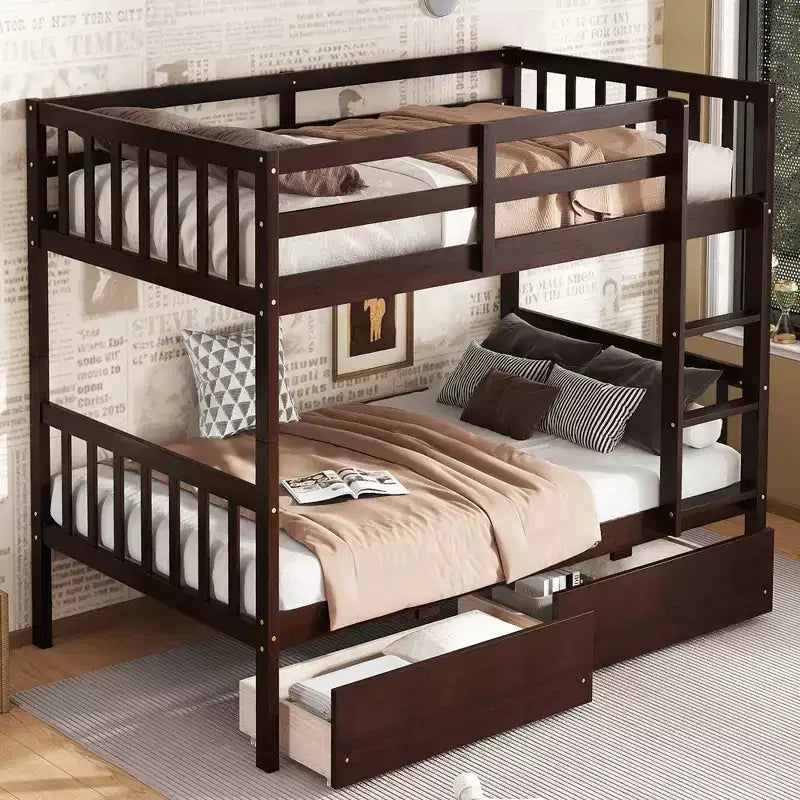 Lit superposé MAYEERTY en bois d'hévéa double avec 2 tiroirs convertible en 2 lits jumeaux Échelle et barrières de sécurité pour salon, marron