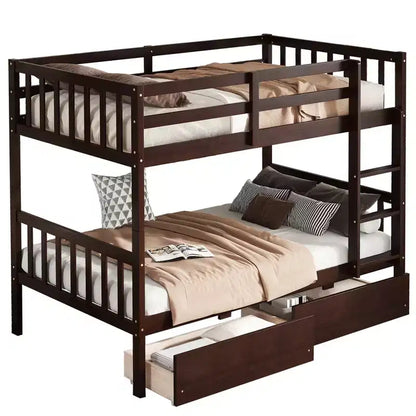 Lit superposé MAYEERTY en bois d'hévéa double avec 2 tiroirs convertible en 2 lits jumeaux Échelle et barrières de sécurité pour salon, marron