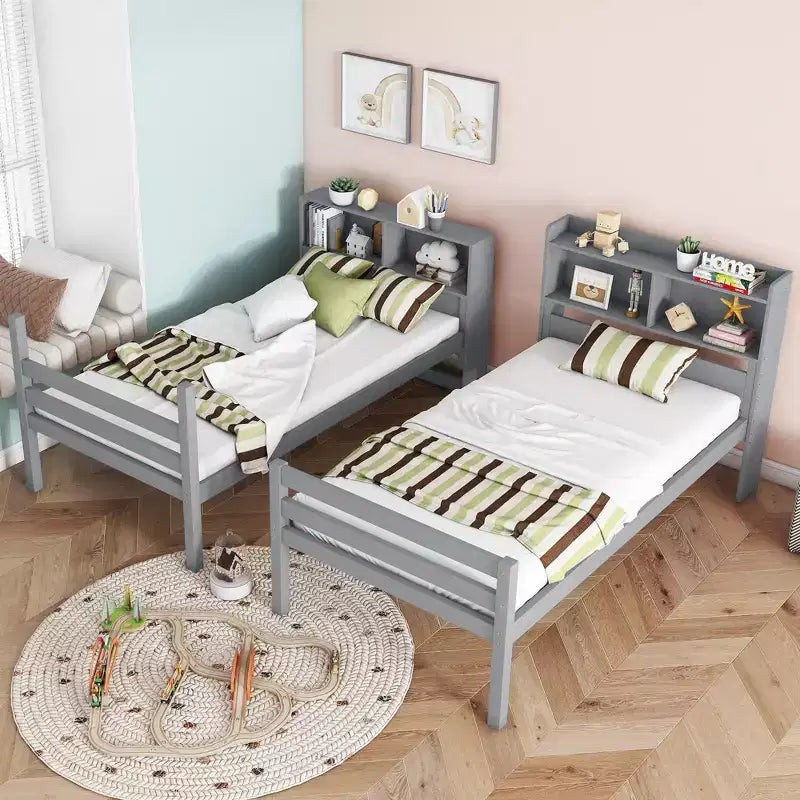 Lits Superposés Jumeaux MAYEERTY avec Tête de Lit Étagère, Barrières de Sécurité et Échelle, Convertibles en 2 Lits pour Chambre à Coucher, Gris