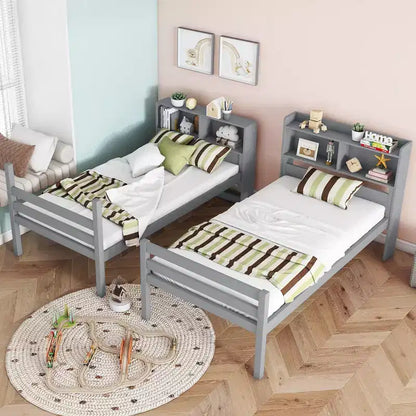 Lits Superposés Jumeaux MAYEERTY avec Tête de Lit Étagère, Barrières de Sécurité et Échelle, Convertibles en 2 Lits pour Chambre à Coucher, Gris