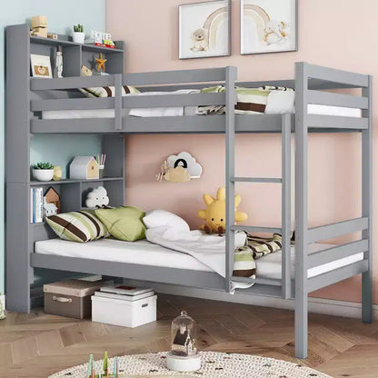 Lits Superposés Jumeaux MAYEERTY avec Tête de Lit Étagère, Barrières de Sécurité et Échelle, Convertibles en 2 Lits pour Chambre à Coucher, Gris