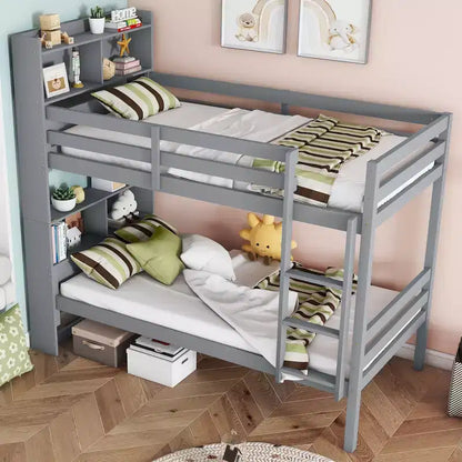 Lits Superposés Jumeaux MAYEERTY avec Tête de Lit Étagère, Barrières de Sécurité et Échelle, Convertibles en 2 Lits pour Chambre à Coucher, Gris