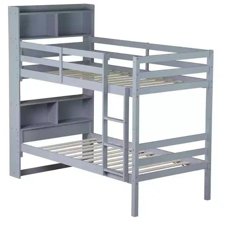 Lits Superposés Jumeaux MAYEERTY avec Tête de Lit Étagère, Barrières de Sécurité et Échelle, Convertibles en 2 Lits pour Chambre à Coucher, Gris