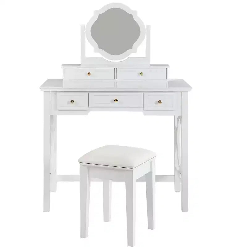 Coiffeuse de Maquillage avec Miroir Réversible, Bureau de Maquillage Chic et Élégant avec 5 Tiroirs et Tabouret Rembourré, Station de Beauté Gain de Place