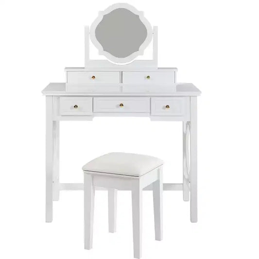Coiffeuse de Maquillage avec Miroir Réversible, Bureau de Maquillage Chic et Élégant avec 5 Tiroirs et Tabouret Rembourré, Station de Beauté Gain de Place