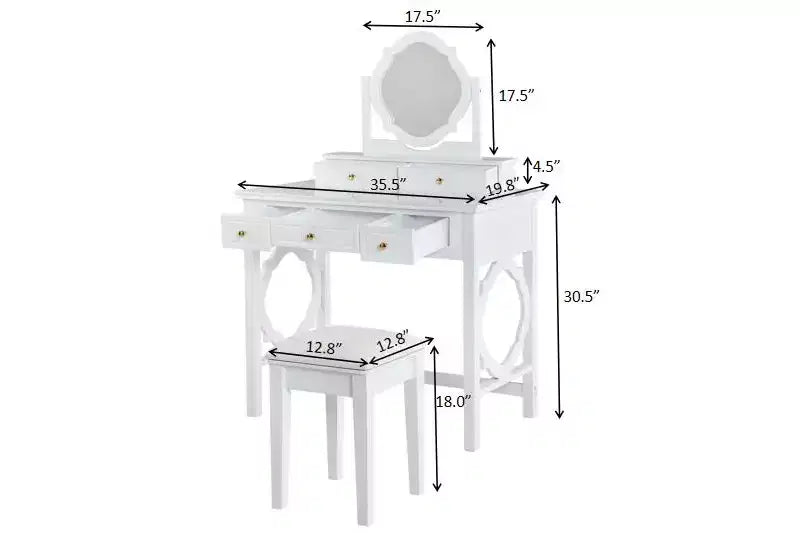 Coiffeuse de Maquillage avec Miroir Réversible, Bureau de Maquillage Chic et Élégant avec 5 Tiroirs et Tabouret Rembourré, Station de Beauté Gain de Place