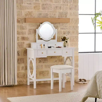 Coiffeuse de Maquillage avec Miroir Réversible, Bureau de Maquillage Chic et Élégant avec 5 Tiroirs et Tabouret Rembourré, Station de Beauté Gain de Place