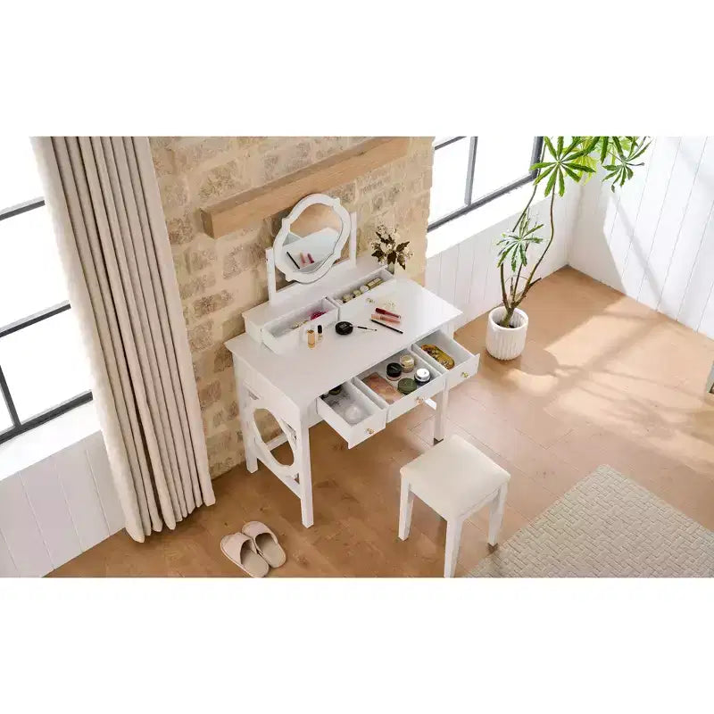 Coiffeuse de Maquillage avec Miroir Réversible, Bureau de Maquillage Chic et Élégant avec 5 Tiroirs et Tabouret Rembourré, Station de Beauté Gain de Place