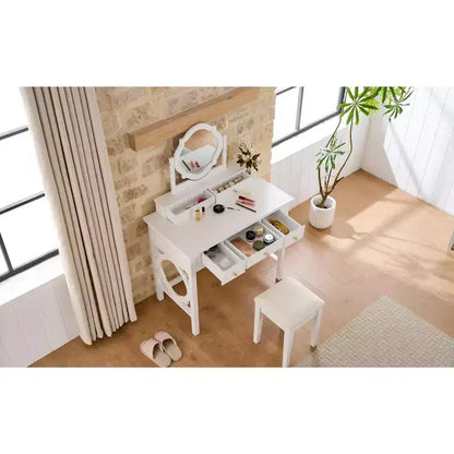 Coiffeuse de Maquillage avec Miroir Réversible, Bureau de Maquillage Chic et Élégant avec 5 Tiroirs et Tabouret Rembourré, Station de Beauté Gain de Place