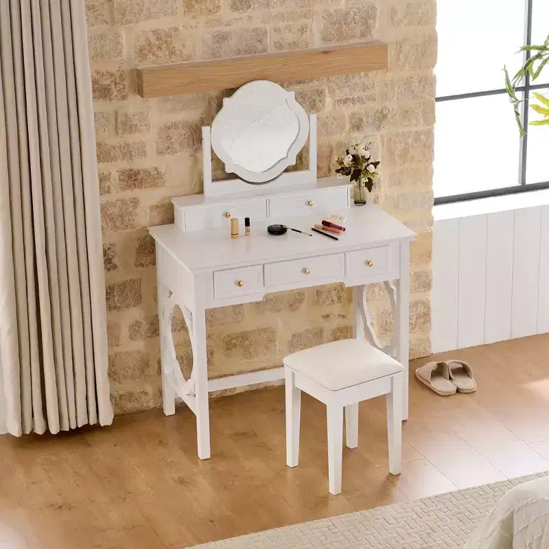 Coiffeuse de Maquillage avec Miroir Réversible, Bureau de Maquillage Chic et Élégant avec 5 Tiroirs et Tabouret Rembourré, Station de Beauté Gain de Place