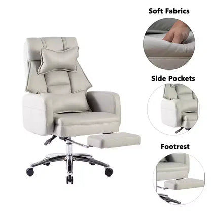 Fauteuil de bureau avec repose-pieds rétractable, chaise de bureau inclinable à 155° avec coussin lombaire, fauteuil pivotant à roulettes pour le bureau
