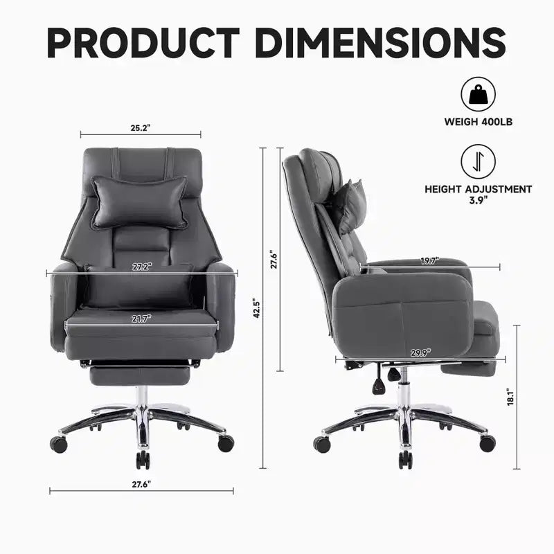 Fauteuil de bureau avec repose-pieds rétractable, chaise de bureau inclinable à 155° avec coussin lombaire, fauteuil pivotant à roulettes pour le bureau