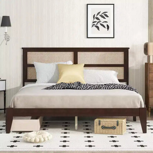MAYEERTY King Size Bed with Rattan Headboard Two Storage Drawers Rubber Wood Bed with Enhanced Support Slats and Feet Espresso