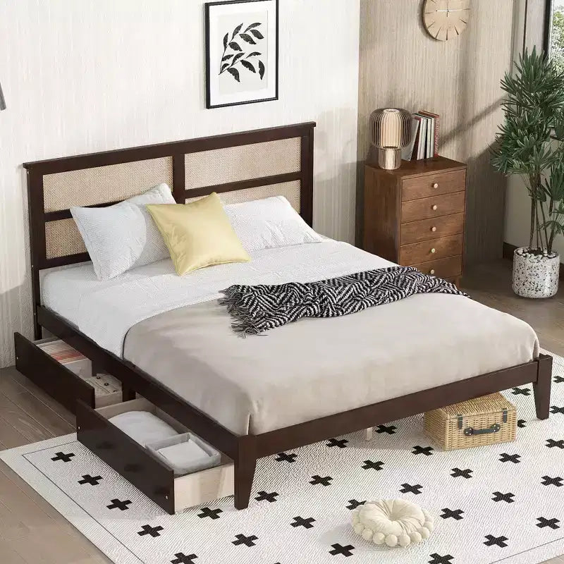 Lit King Size MAYEERTY avec tête de lit en rotin, deux tiroirs de rangement, lit en bois d'hévéa avec lattes de support renforcées et pieds Espresso