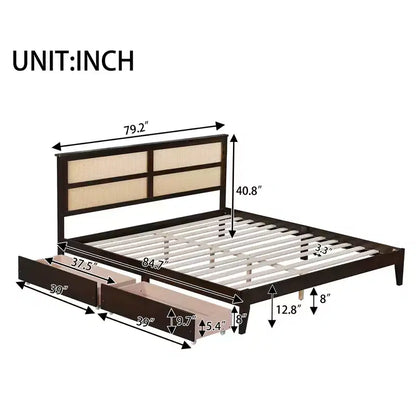 Lit King Size MAYEERTY avec tête de lit en rotin, deux tiroirs de rangement, lit en bois d'hévéa avec lattes de support renforcées et pieds Espresso