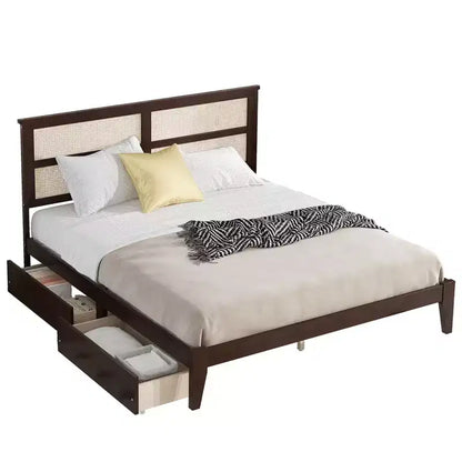 Lit King Size MAYEERTY avec tête de lit en rotin, deux tiroirs de rangement, lit en bois d'hévéa avec lattes de support renforcées et pieds Espresso