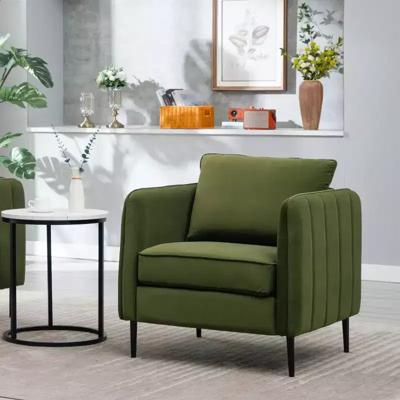Fauteuil d'appoint moderne en velours, fauteuil rembourré avec coussin de dossier et pieds en métal, canapé simple avec côtés rayés pour chambre ou salon