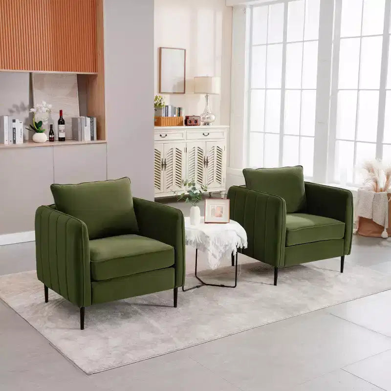 Fauteuil d'appoint moderne en velours, fauteuil rembourré avec coussin de dossier et pieds en métal, canapé simple avec côtés rayés pour chambre ou salon