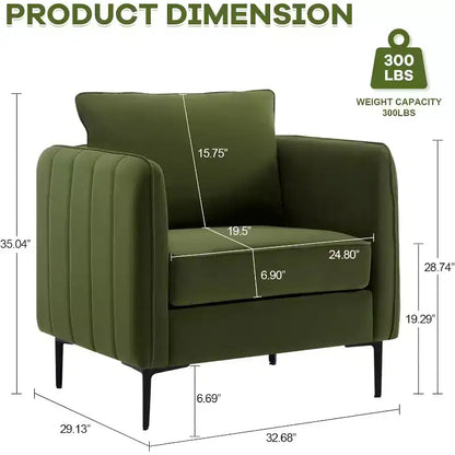 Fauteuil d'appoint moderne en velours, fauteuil rembourré avec coussin de dossier et pieds en métal, canapé simple avec côtés rayés pour chambre ou salon