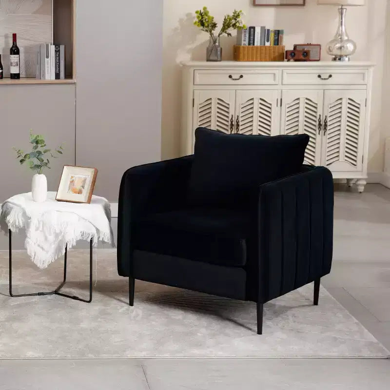 Fauteuil d'appoint moderne en velours, fauteuil rembourré avec coussin de dossier et pieds en métal, canapé simple avec côtés rayés pour chambre ou salon