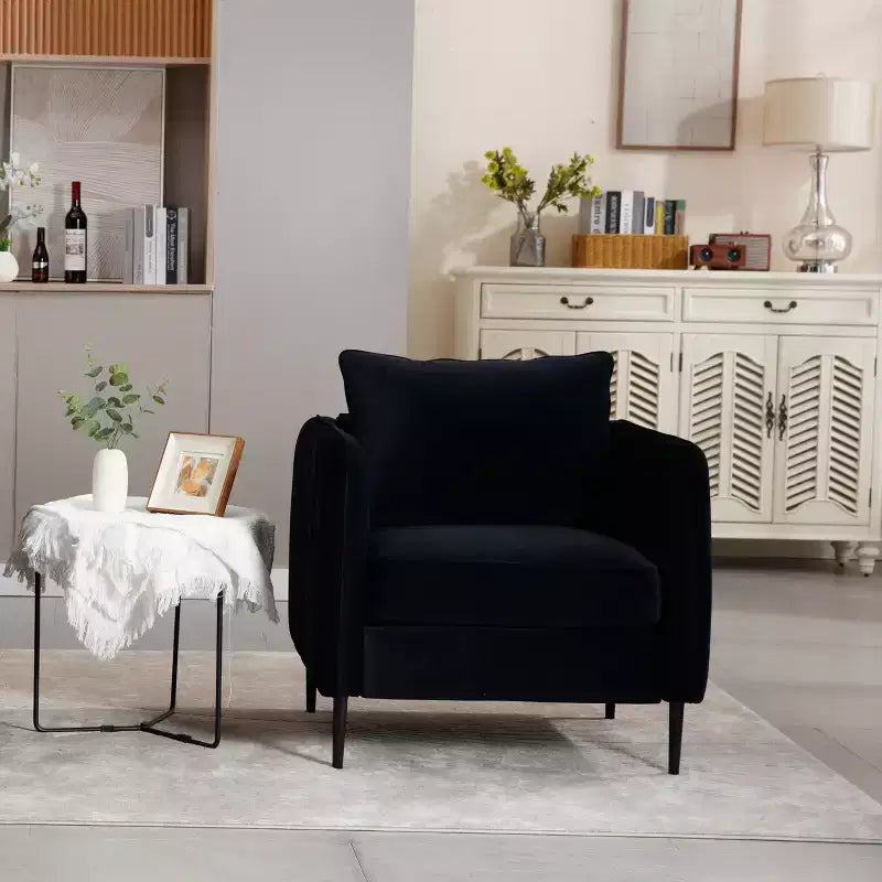 Fauteuil d'appoint moderne en velours, fauteuil rembourré avec coussin de dossier et pieds en métal, canapé simple avec côtés rayés pour chambre ou salon