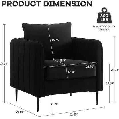 Fauteuil d'appoint moderne en velours, fauteuil rembourré avec coussin de dossier et pieds en métal, canapé simple avec côtés rayés pour chambre ou salon