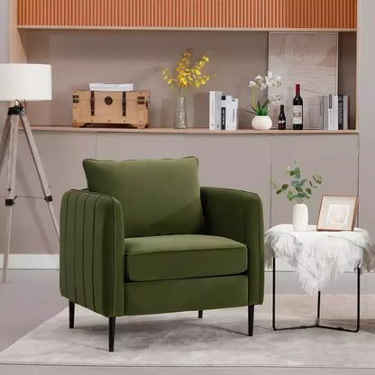 Fauteuil d'appoint moderne en velours, fauteuil rembourré avec coussin de dossier et pieds en métal, canapé simple avec côtés rayés pour chambre ou salon