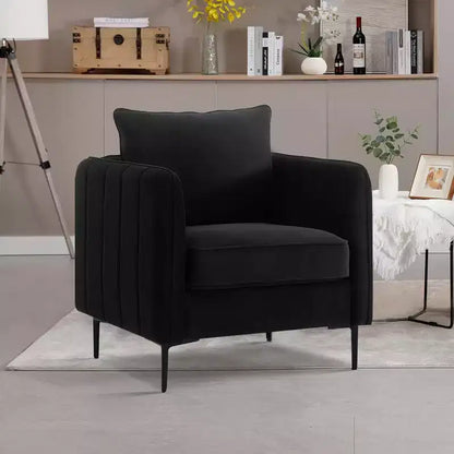 Modern Velvet Accent Chair  Upholstered Armchair with Back Pillow & Metal Legs, Single Sofa with Striped Sides for Bedroom or Living Room