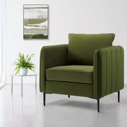 Fauteuil d'appoint moderne en velours, fauteuil rembourré avec coussin de dossier et pieds en métal, canapé simple avec côtés rayés pour chambre ou salon