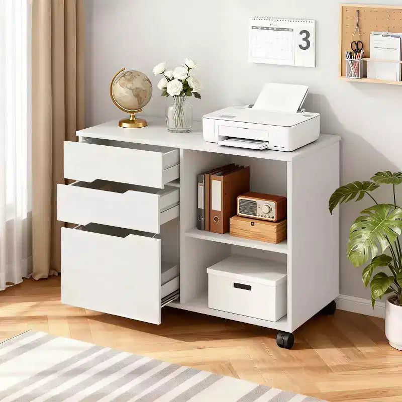 FDW Classeur latéral à 3 tiroirs, Classeur mobile avec étagères de rangement ouvertes, Support d'imprimante de bureau et Organiseur sous le bureau avec roulettes