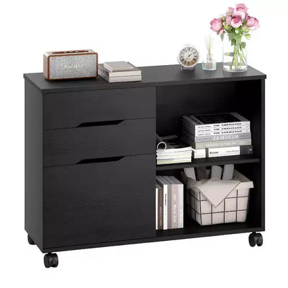 FDW 3 Drawer Lateral File Cabinet Mobile File Cabinet with Open Storage Shelves Office Printer Stand & Under-Desk Organizer with Wheels