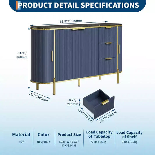 Bahut buffet de 150 cm, commode moderne cannelée, bar à café, meuble TV ovale en bois avec 3 tiroirs, bleu