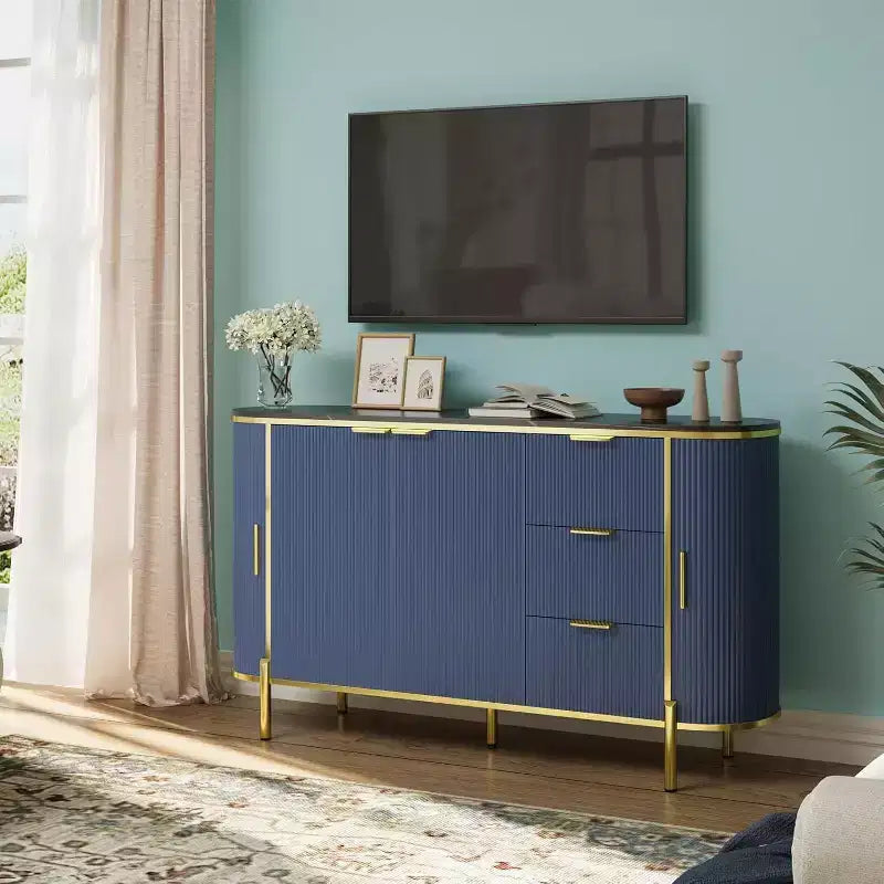 Bahut buffet de 150 cm, commode moderne cannelée, bar à café, meuble TV ovale en bois avec 3 tiroirs, bleu