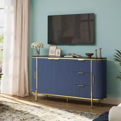 Bahut buffet de 150 cm, commode moderne cannelée, bar à café, meuble TV ovale en bois avec 3 tiroirs, bleu