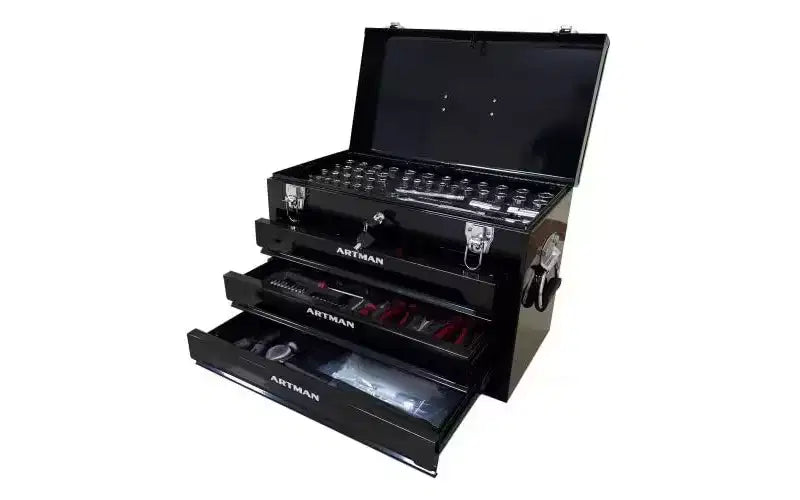 Heavy-duty steel tool cabinet with 3 ball-bearing drawers and top storage bin - Lockable design for garages, workshops, and warehouses black