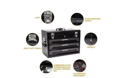 Servante d'atelier robuste en acier avec 3 tiroirs à roulement à billes et compartiment supérieur – Verrouillable pour garages, ateliers et entrepôts, noire
