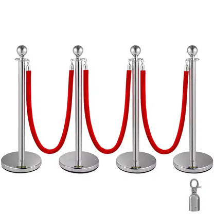 VEVOR Crowd Control Stanchion, Set of 4 Pieces Silver Stanchion Set, Stanchion Set with 5 ft/1.5 m Red Velvet Rope, Crowd Control Barrier, Silver