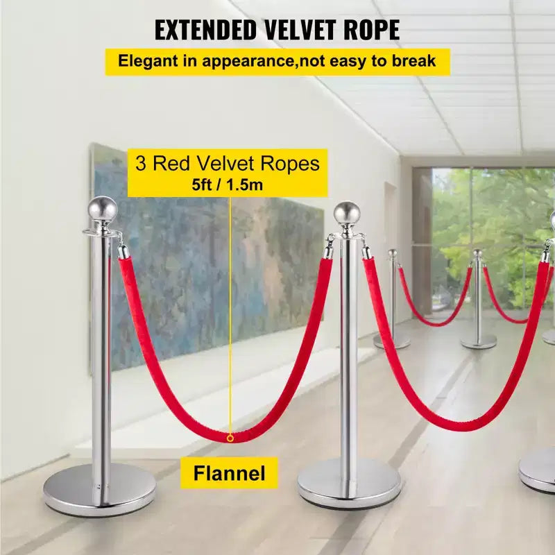 VEVOR Poteau de guidage de foule, kit de 4 poteaux argentés, kit de poteaux avec corde en velours rouge de 1,5 m, barrière de contrôle de foule, argenté