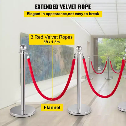 VEVOR Poteau de guidage de foule, kit de 4 poteaux argentés, kit de poteaux avec corde en velours rouge de 1,5 m, barrière de contrôle de foule, argenté