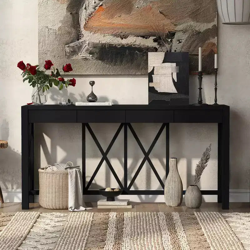 Console vintage avec tiroirs, table d'entrée de style ferme avec rangement, table de canapé en bois d'acacia avec rangement ouvert en bas