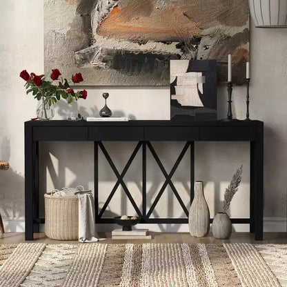 Console vintage avec tiroirs, table d'entrée de style ferme avec rangement, table de canapé en bois d'acacia avec rangement ouvert en bas