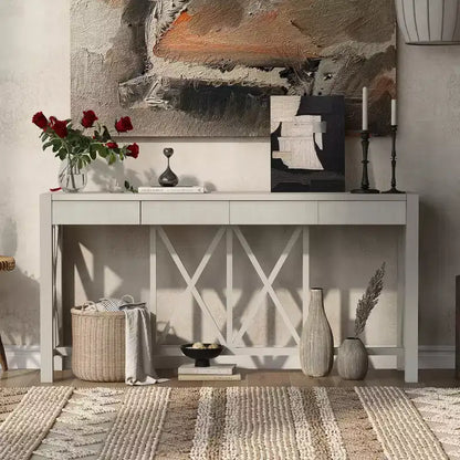 Console vintage avec tiroirs, table d'entrée de style ferme avec rangement, table de canapé en bois d'acacia avec rangement ouvert en bas