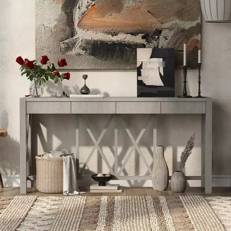 Console vintage avec tiroirs, table d'entrée de style ferme avec rangement, table de canapé en bois d'acacia avec rangement ouvert en bas