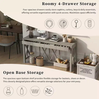 Console vintage avec tiroirs, table d'entrée de style ferme avec rangement, table de canapé en bois d'acacia avec rangement ouvert en bas