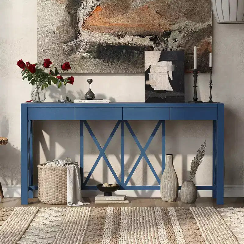 Console vintage avec tiroirs, table d'entrée de style ferme avec rangement, table de canapé en bois d'acacia avec rangement ouvert en bas