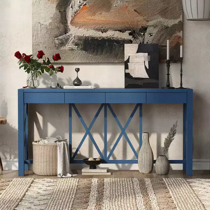 Console vintage avec tiroirs, table d'entrée de style ferme avec rangement, table de canapé en bois d'acacia avec rangement ouvert en bas